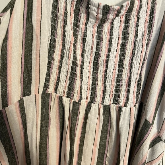 Women’s Flare Sun Dress pink white and grey striped. Bottom down front, pockets - Picture 5 of 5
